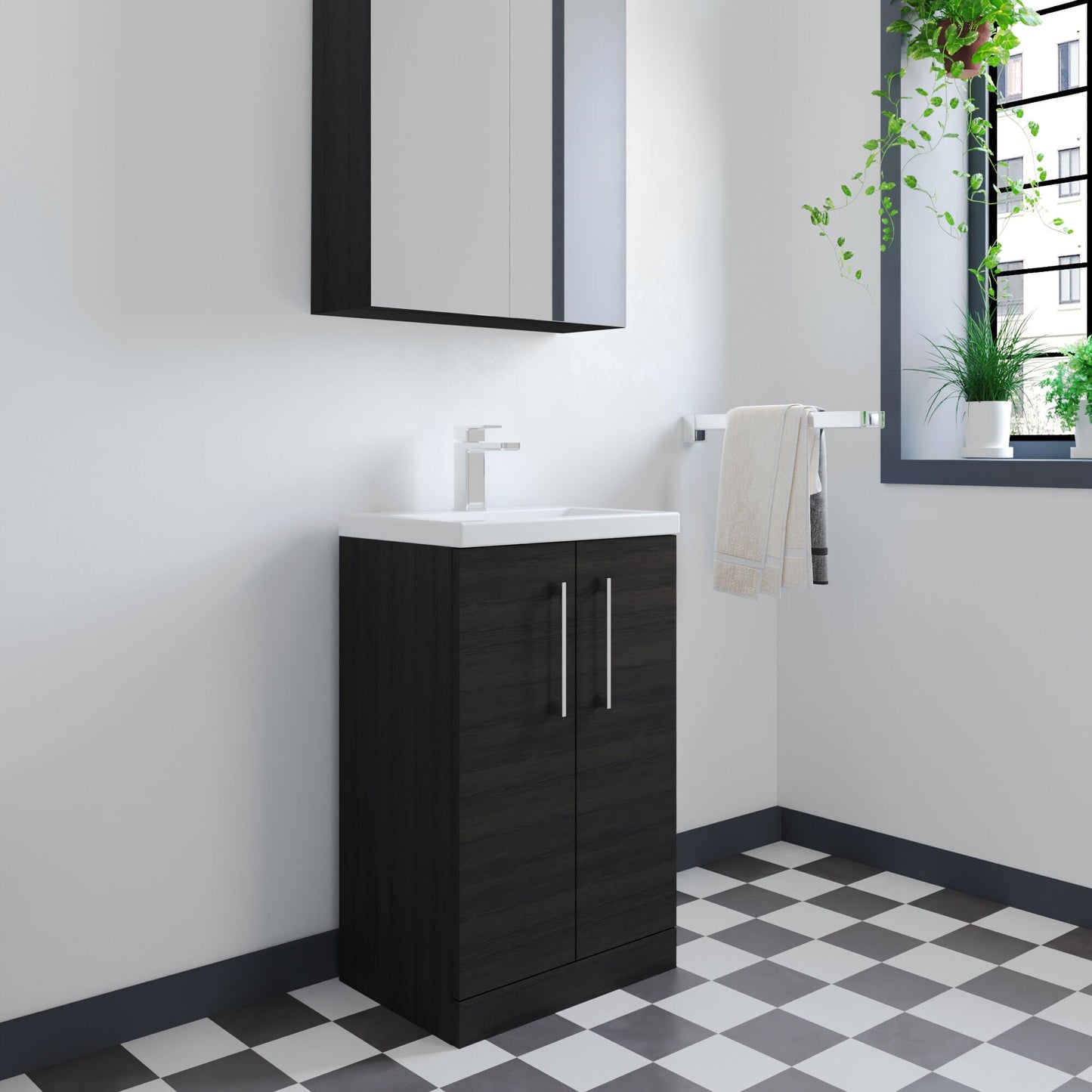 [BFLE005] Balterley Level Compact Bathroom Cloakroom Vanity Basin Unit with Polymarble Basin, Chrome Handles, 500mm, Woodgrain Black - Lifestyle 3