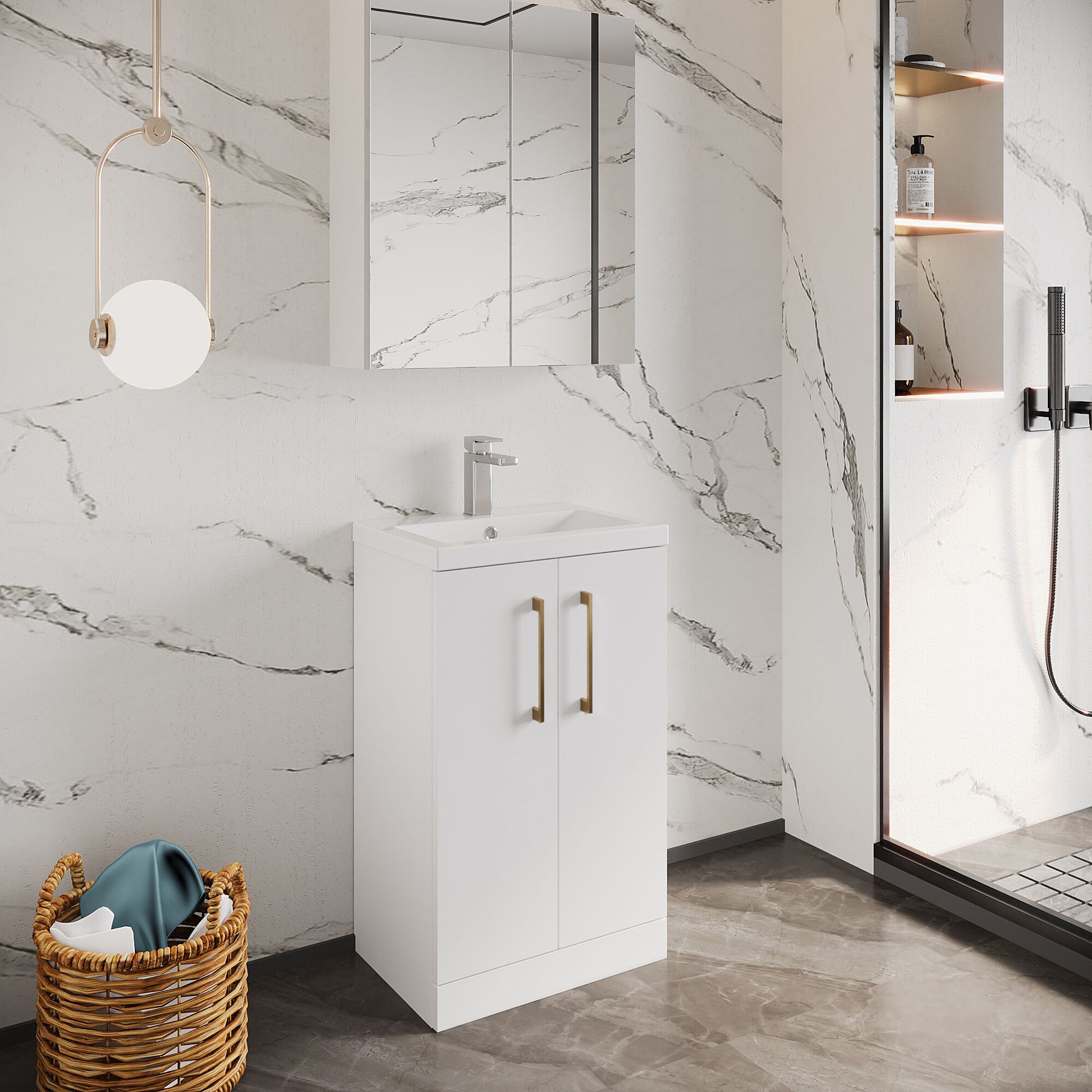 [BFLE006H017] Bramshall Contemporary Compact Floor Standing Vanity Basin Unit with Polymarble Basin, 500mm, Choice of Colour and Handle Finish - Lifestyle 2
