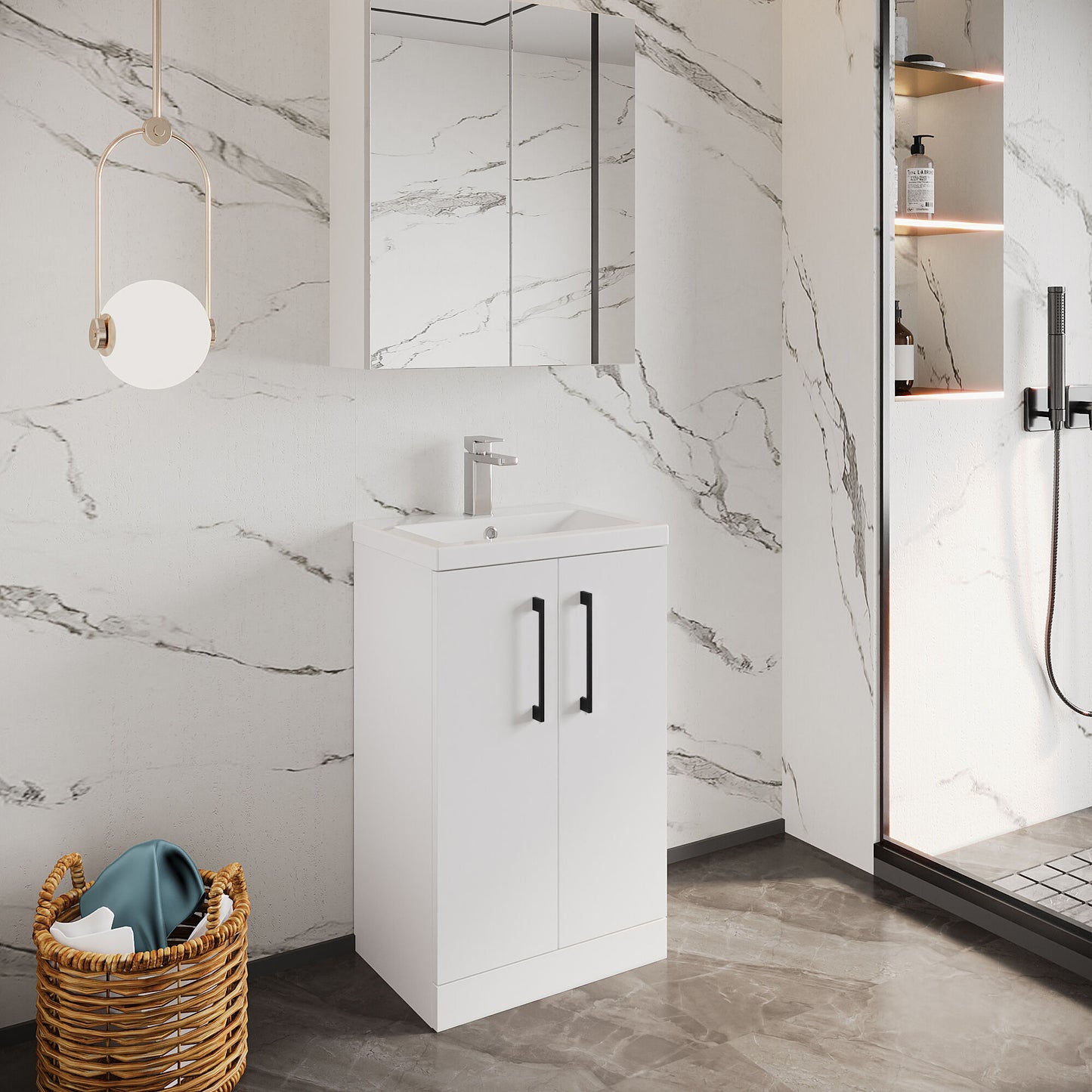[BFLE006H018] Bramshall Contemporary Compact Floor Standing Vanity Basin Unit with Polymarble Basin, 500mm, Choice of Colour and Handle Finish - Lifestyle 2