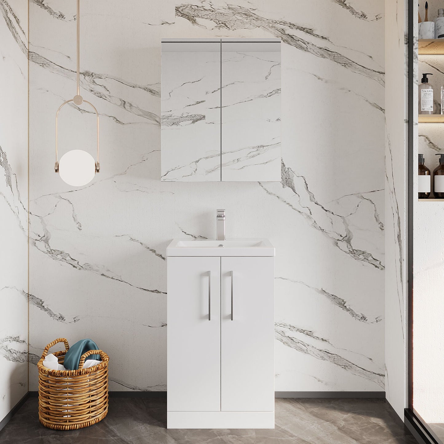 [BFLE006] Balterley Level Compact Bathroom Cloakroom Vanity Basin Unit with Polymarble Basin, Chrome Handles, 500mm, Gloss White - Lifestyle 1