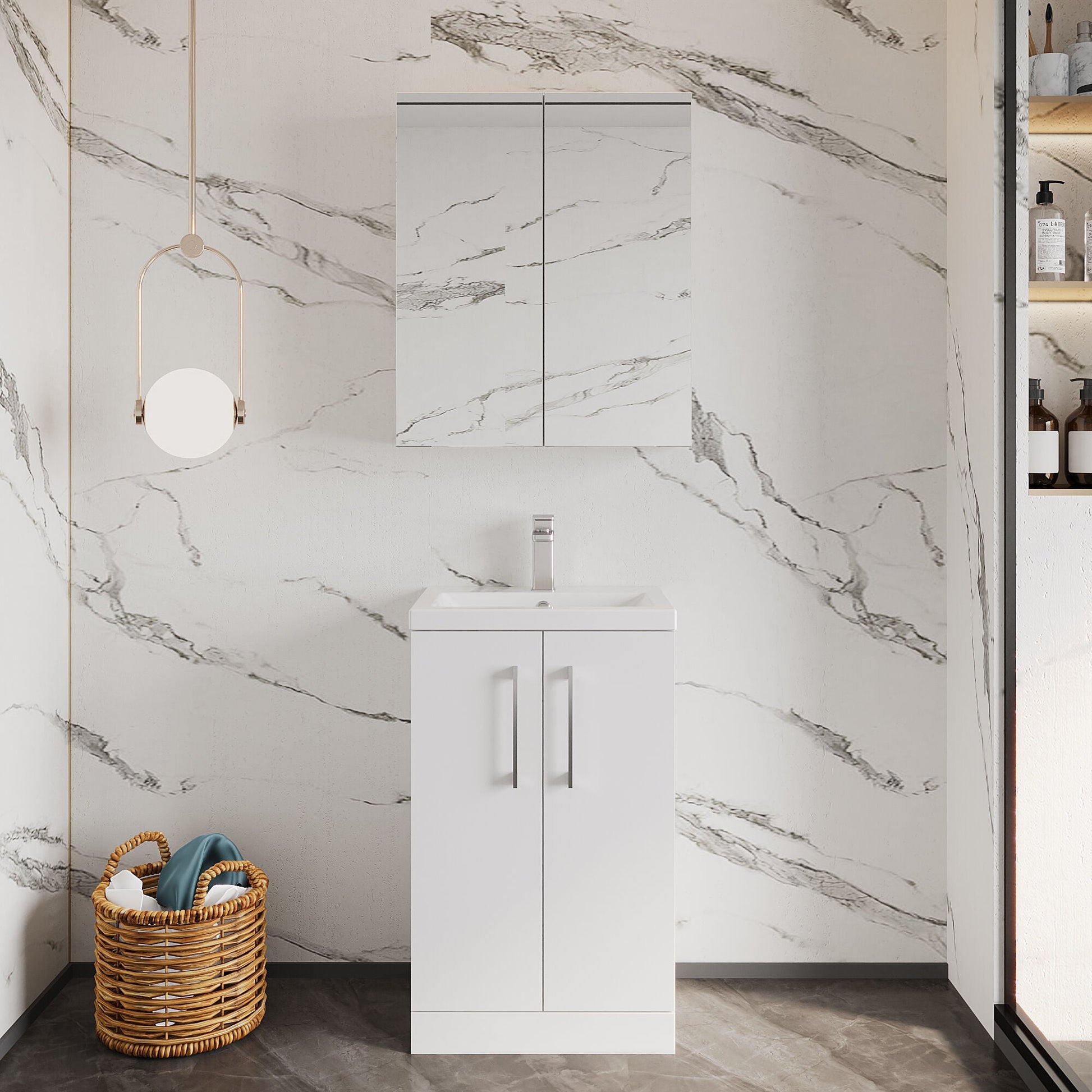 [BFLE006] Balterley Level Compact Bathroom Cloakroom Vanity Basin Unit with Polymarble Basin, Chrome Handles, 500mm, Gloss White - Lifestyle 1