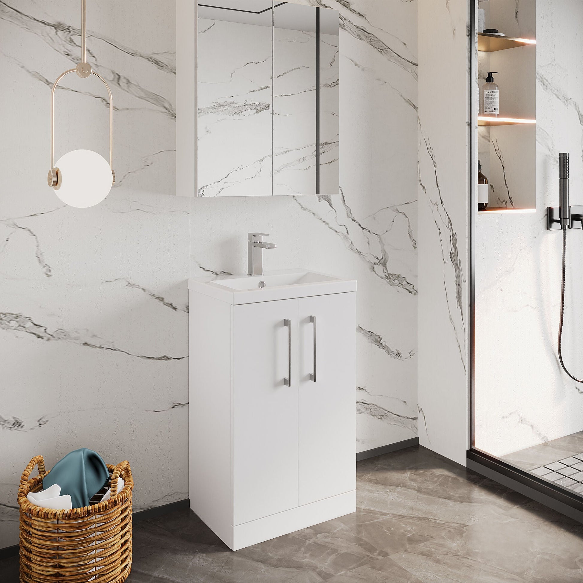 [BFLE006] Balterley Level Compact Bathroom Cloakroom Vanity Basin Unit with Polymarble Basin, Chrome Handles, 500mm, Gloss White - Lifestyle 3