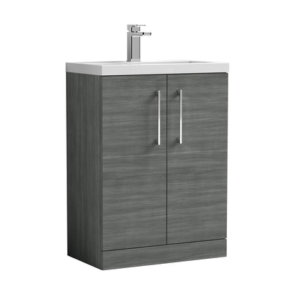 [BFLE025E] Balterley Level Compact Bathroom Cloakroom Vanity Basin Unit with Ceramic Basin, Chrome Handles, 600mm, Woodgrain Grey - Cutout