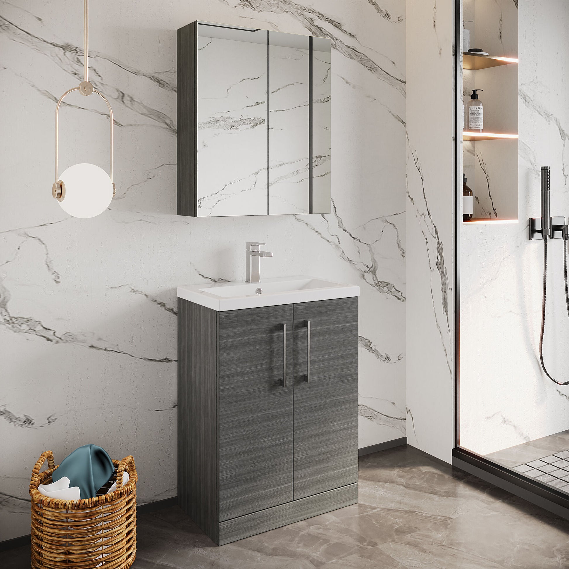 [BFLE025E] Balterley Level Compact Bathroom Cloakroom Vanity Basin Unit with Ceramic Basin, Chrome Handles, 600mm, Woodgrain Grey - Lifestyle 3