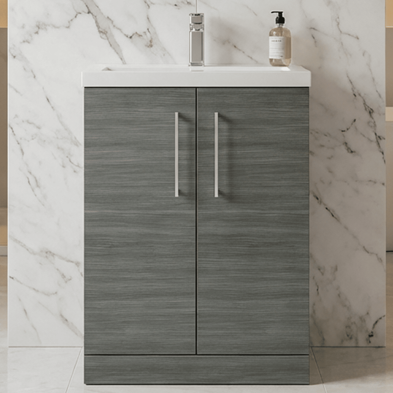 [BFLE025E] Balterley Level Compact Bathroom Cloakroom Vanity Basin Unit with Ceramic Basin, Chrome Handles, 600mm, Woodgrain Grey - Silo