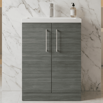 [BFLE025E] Balterley Level Compact Bathroom Cloakroom Vanity Basin Unit with Ceramic Basin, Chrome Handles, 600mm, Woodgrain Grey - Silo