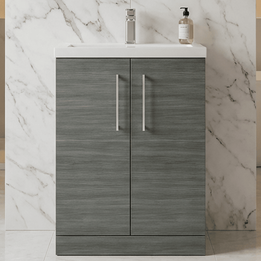 [BFLE025E] Balterley Level Compact Bathroom Cloakroom Vanity Basin Unit with Ceramic Basin, Chrome Handles, 600mm, Woodgrain Grey - Silo