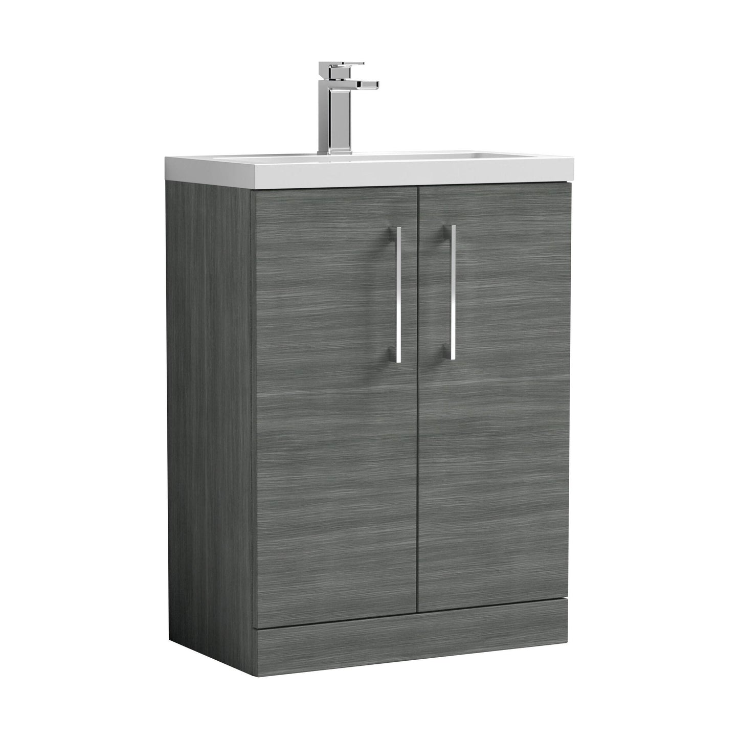 [BFLE025] Balterley Level Compact Bathroom Cloakroom Vanity Basin Unit with Polymarble Basin, Chrome Handles, 600mm, Woodgrain Grey - Cutout