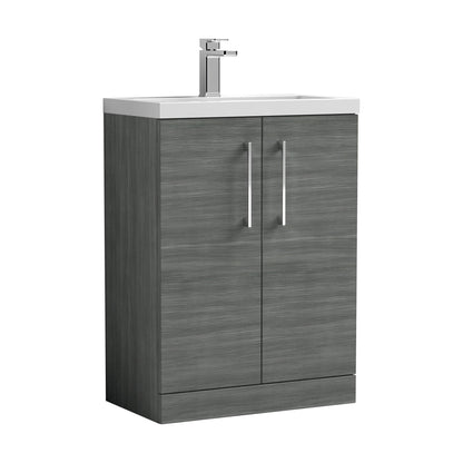 [BFLE025] Balterley Level Compact Bathroom Cloakroom Vanity Basin Unit with Polymarble Basin, Chrome Handles, 600mm, Woodgrain Grey - Cutout