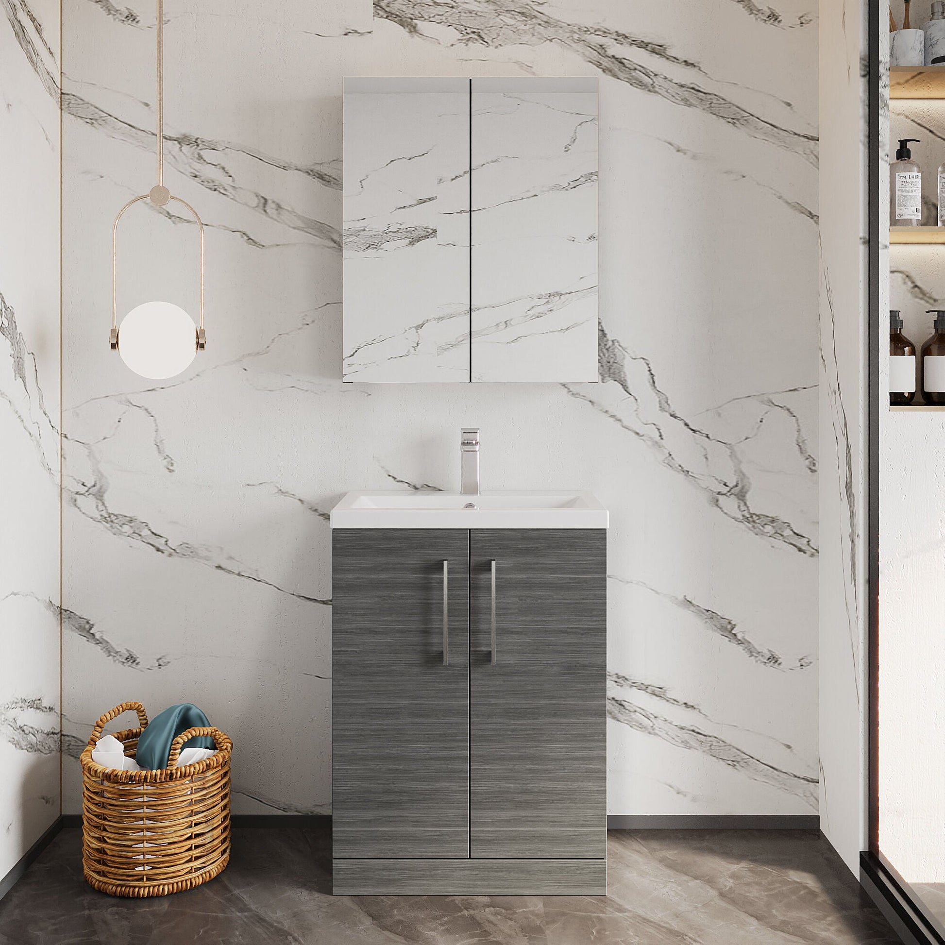 [BFLE025] Balterley Level Compact Bathroom Cloakroom Vanity Basin Unit with Polymarble Basin, Chrome Handles, 600mm, Woodgrain Grey - Lifestyle 1