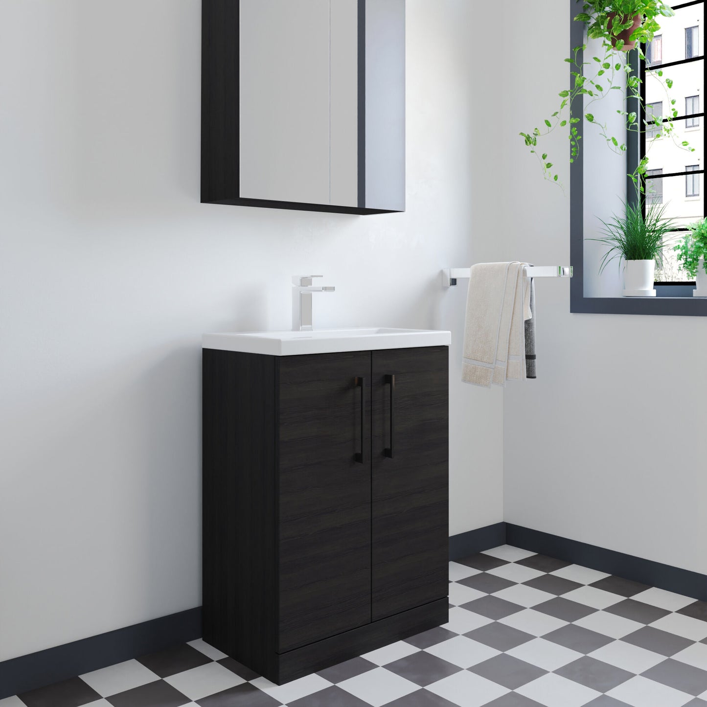 [BFLE026EH018] Bramshall Contemporary Compact Floor Standing Vanity Basin Unit with Ceramic Basin, 600mm, Choice of Colour and Handle Finish - Lifestyle 2