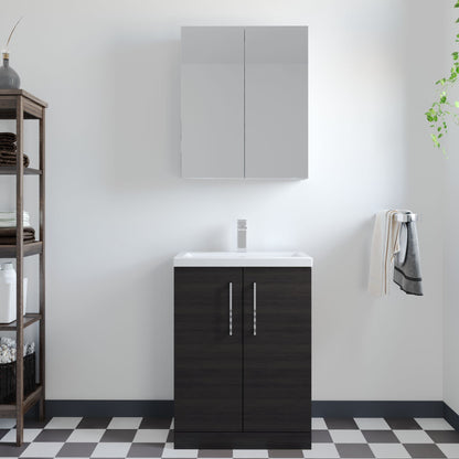 [BFLE026E] Balterley Level Compact Bathroom Cloakroom Vanity Basin Unit with Ceramic Basin, Chrome Handles, 600mm, Woodgrain Black - Lifestyle 1