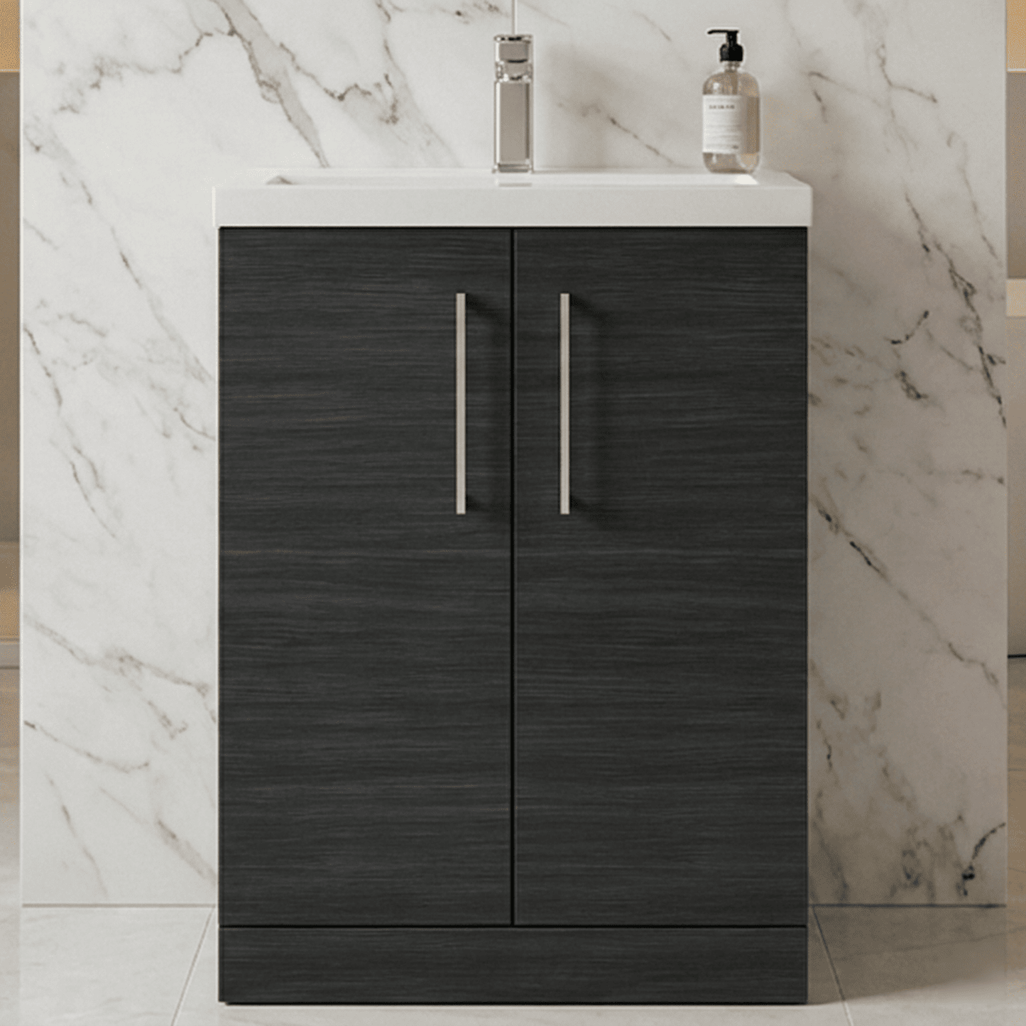 [BFLE026E] Balterley Level Compact Bathroom Cloakroom Vanity Basin Unit with Ceramic Basin, Chrome Handles, 600mm, Woodgrain Black - Silo