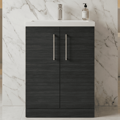 [BFLE026E] Balterley Level Compact Bathroom Cloakroom Vanity Basin Unit with Ceramic Basin, Chrome Handles, 600mm, Woodgrain Black - Silo