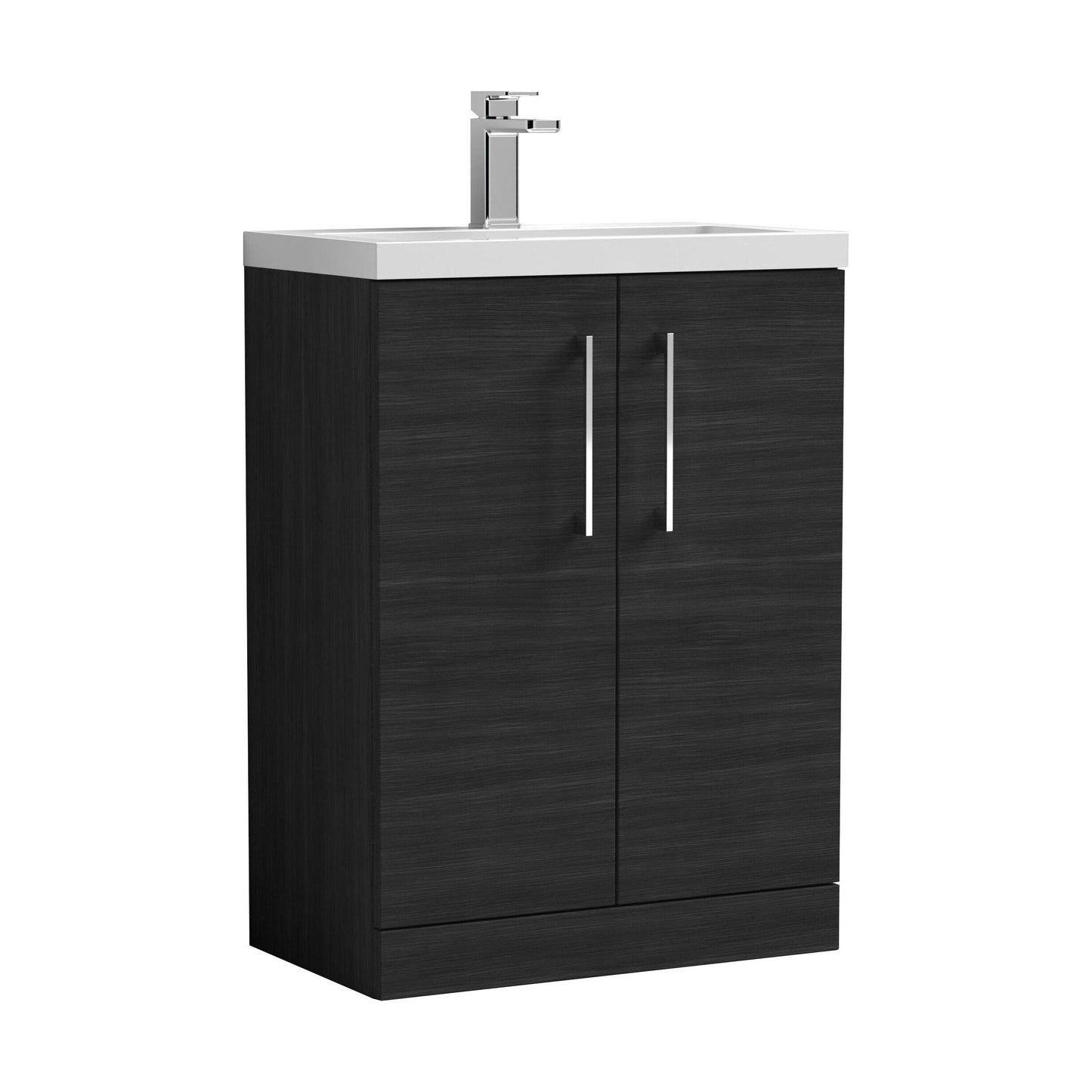 [BFLE026] Balterley Level Compact Bathroom Cloakroom Vanity Basin Unit with Polymarble Basin, Chrome Handles, 600mm, Woodgrain Black - Cutout