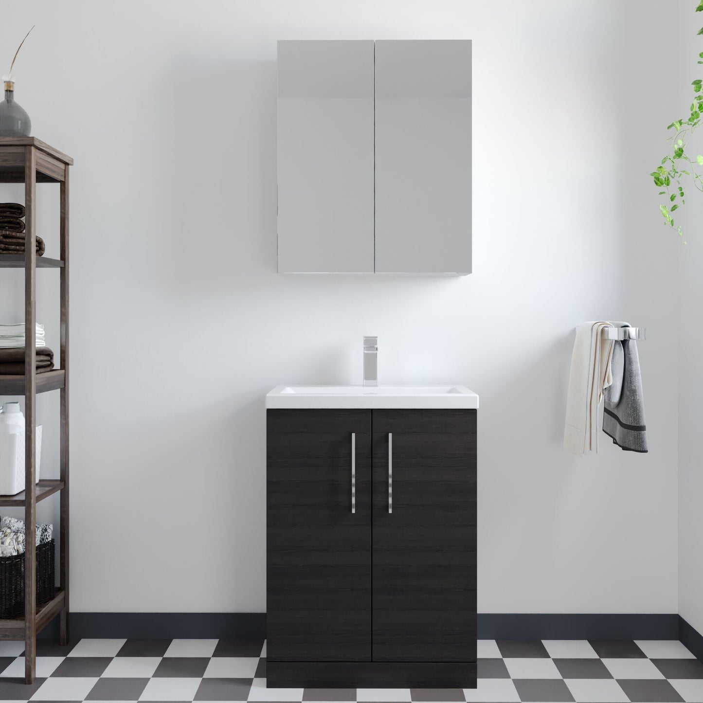 [BFLE026] Balterley Level Compact Bathroom Cloakroom Vanity Basin Unit with Polymarble Basin, Chrome Handles, 600mm, Woodgrain Black - Lifestyle 1