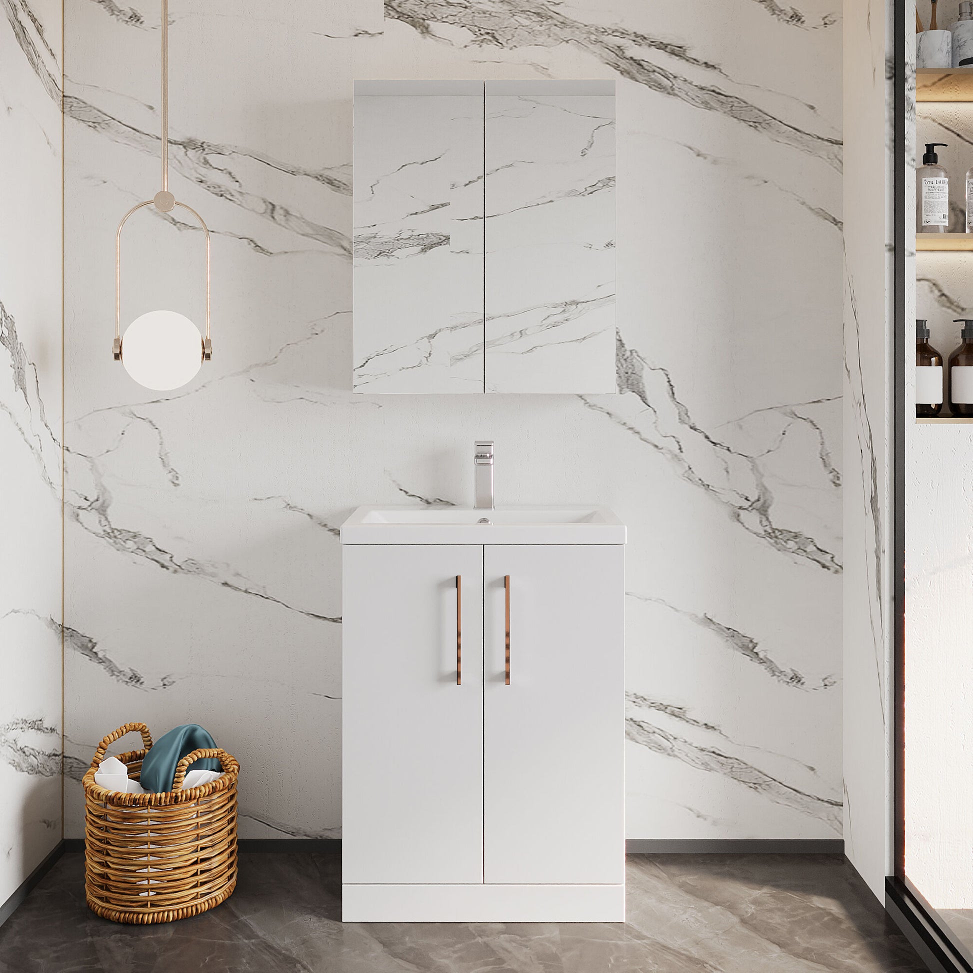 [BFLE027H019] Bramshall Contemporary Compact Floor Standing Vanity Basin Unit with Polymarble Basin, 600mm, Choice of Colour and Handle Finish - Lifestyle 1