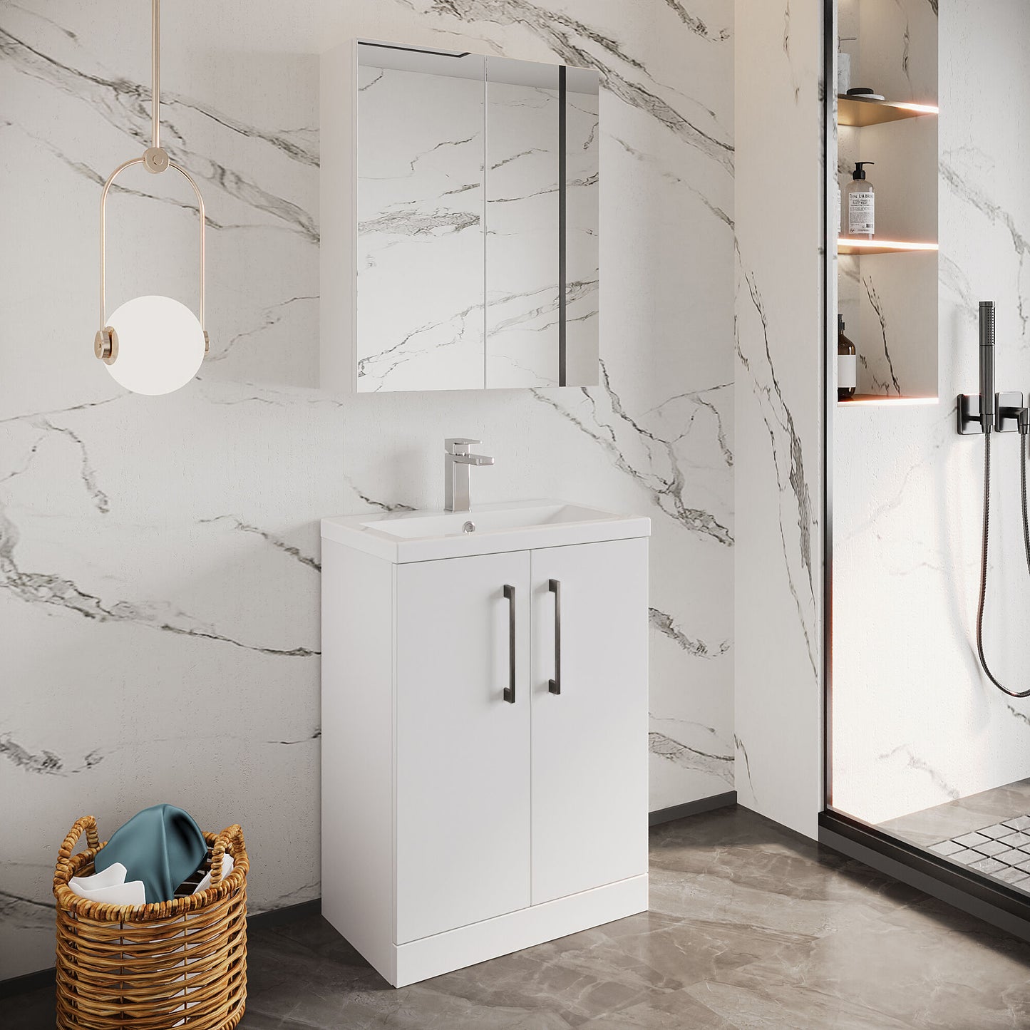 [BFLE027H716] Bramshall Contemporary Compact Floor Standing Vanity Basin Unit with Polymarble Basin, 600mm, Choice of Colour and Handle Finish - Lifestyle 2
