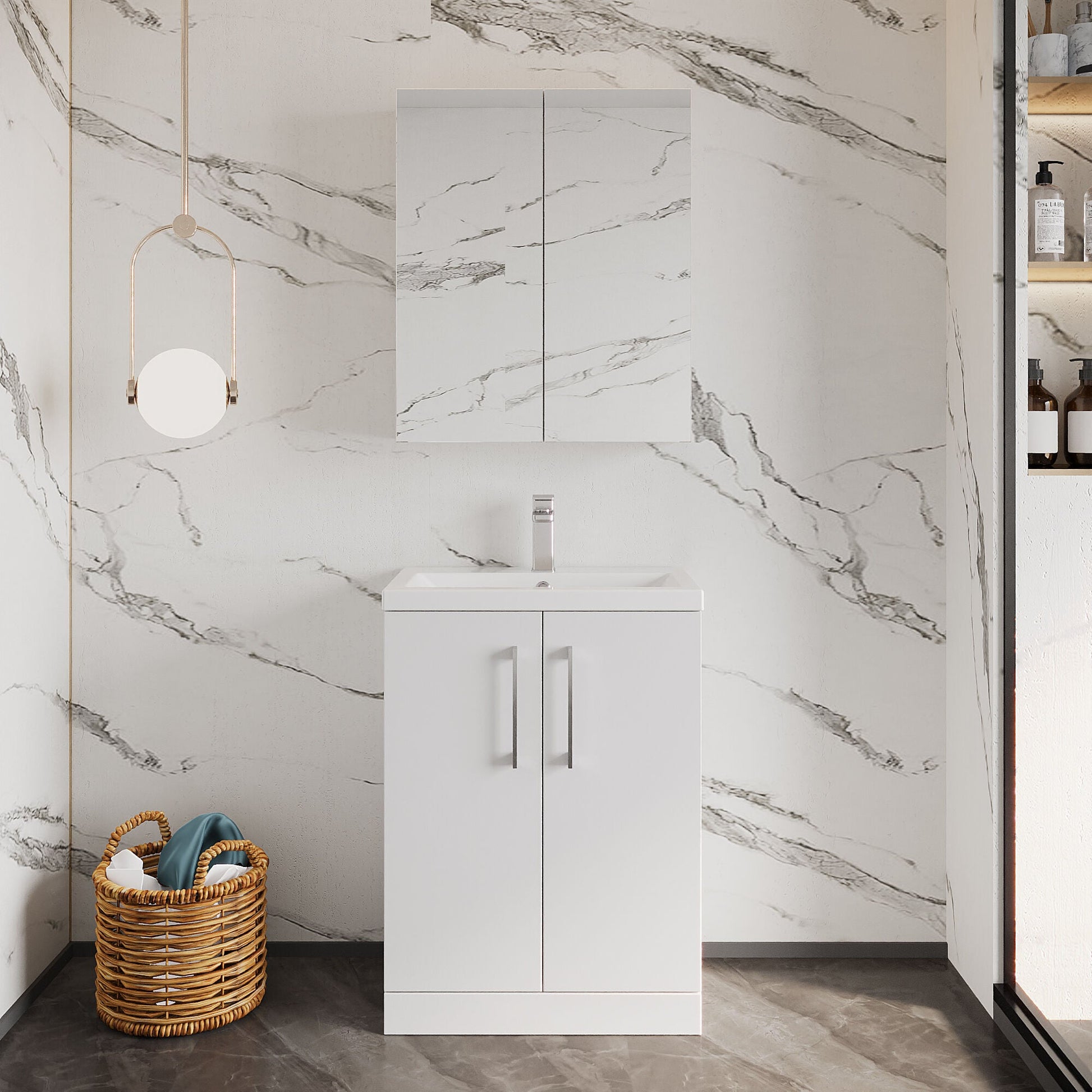 [BFLE027] Balterley Level Compact Bathroom Cloakroom Vanity Basin Unit with Polymarble Basin, Chrome Handles, 600mm, Gloss White - Lifestyle 1