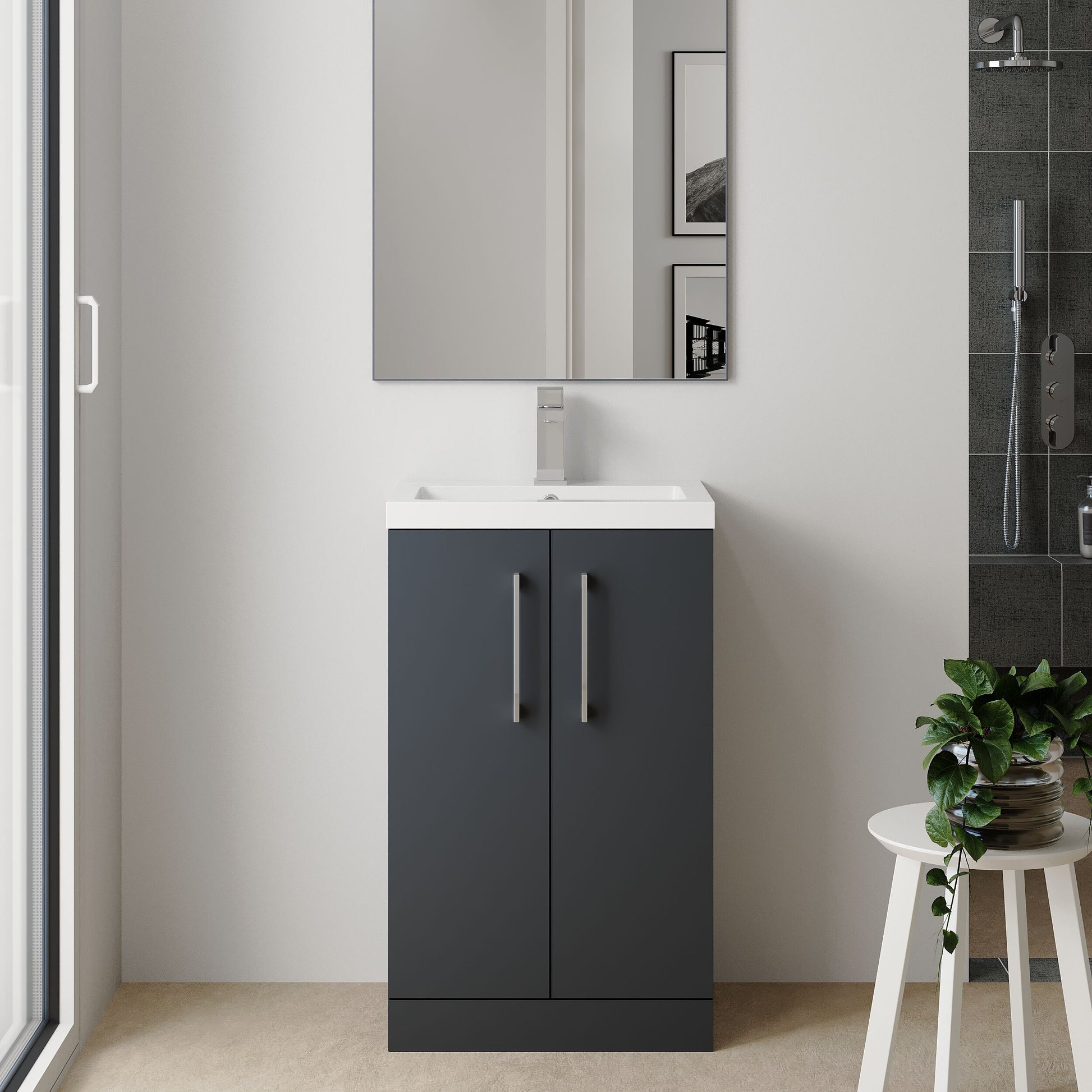[BFLE028E] Balterley Level Compact Bathroom Cloakroom Vanity Basin Unit with Ceramic Basin, Chrome Handles, 500mm, Satin Dark Grey - Lifestyle 1