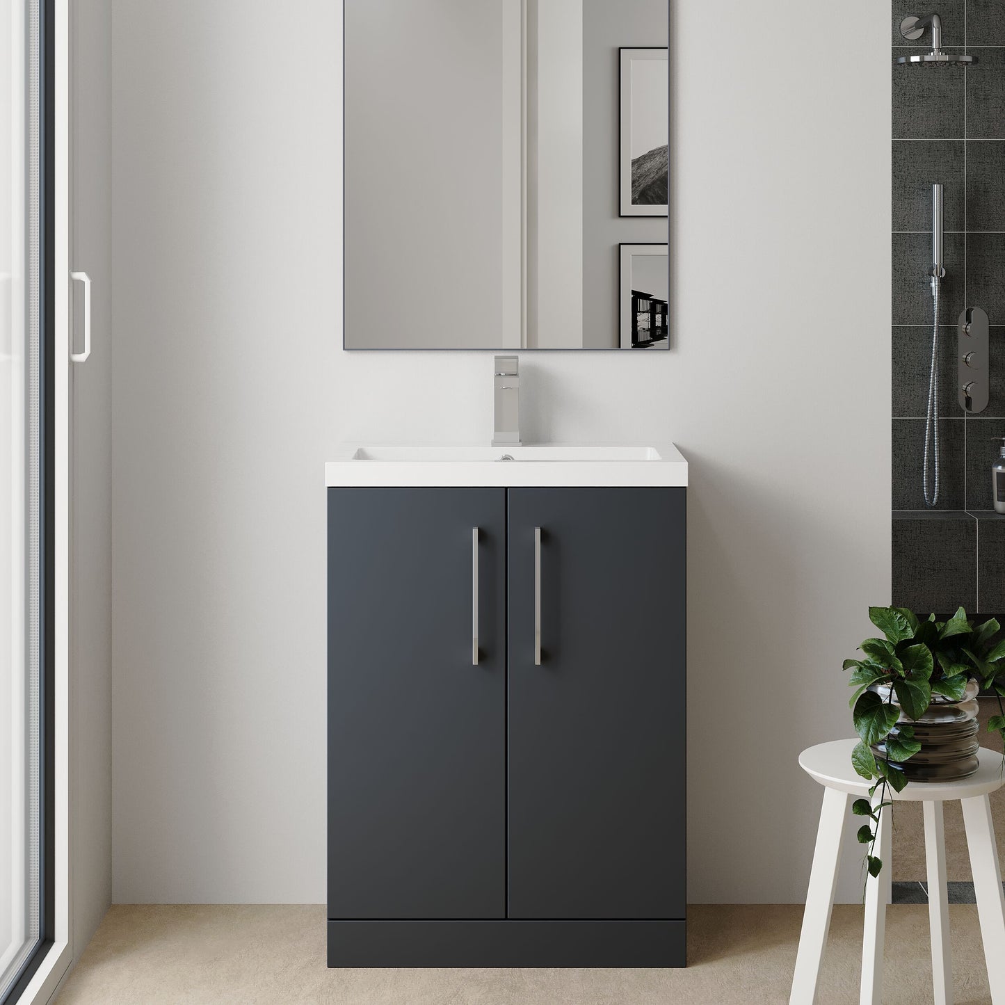 [BFLE029E] Balterley Level Compact Bathroom Cloakroom Vanity Basin Unit with Ceramic Basin, Chrome Handles, 600mm, Satin Dark Grey - Lifestyle 1