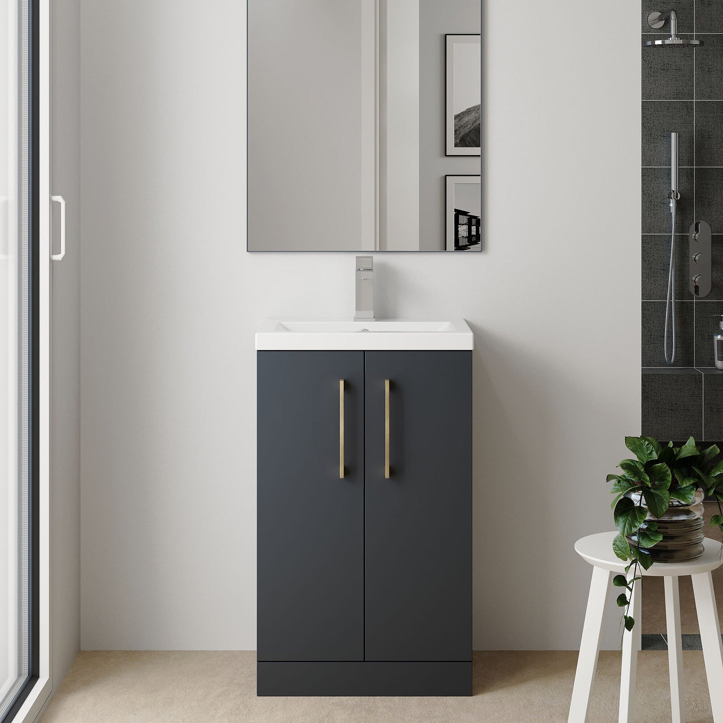 [BFLE029H017] Bramshall Contemporary Compact Floor Standing Vanity Basin Unit with Polymarble Basin, 600mm, Choice of Colour and Handle Finish - Lifestyle 1