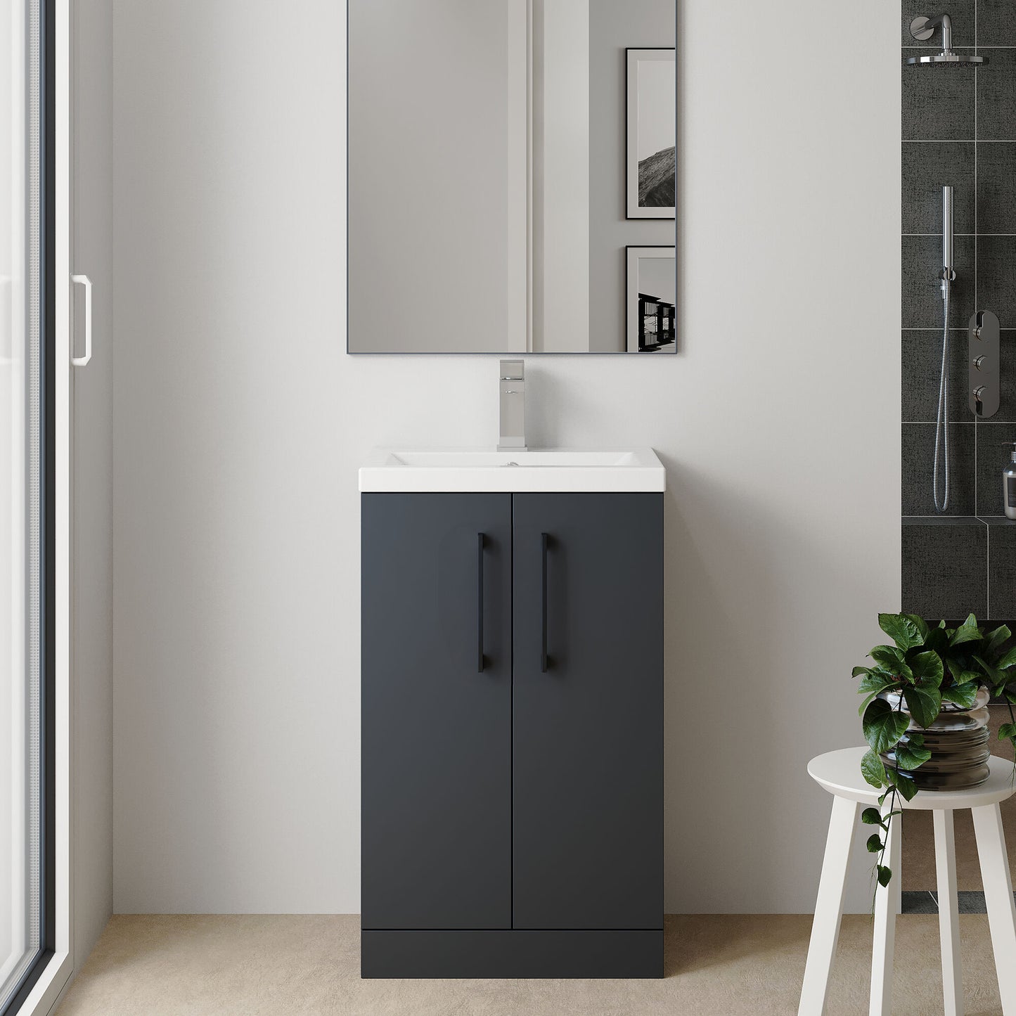 [BFLE029H018] Bramshall Contemporary Compact Floor Standing Vanity Basin Unit with Polymarble Basin, 600mm, Choice of Colour and Handle Finish - Lifestyle 1