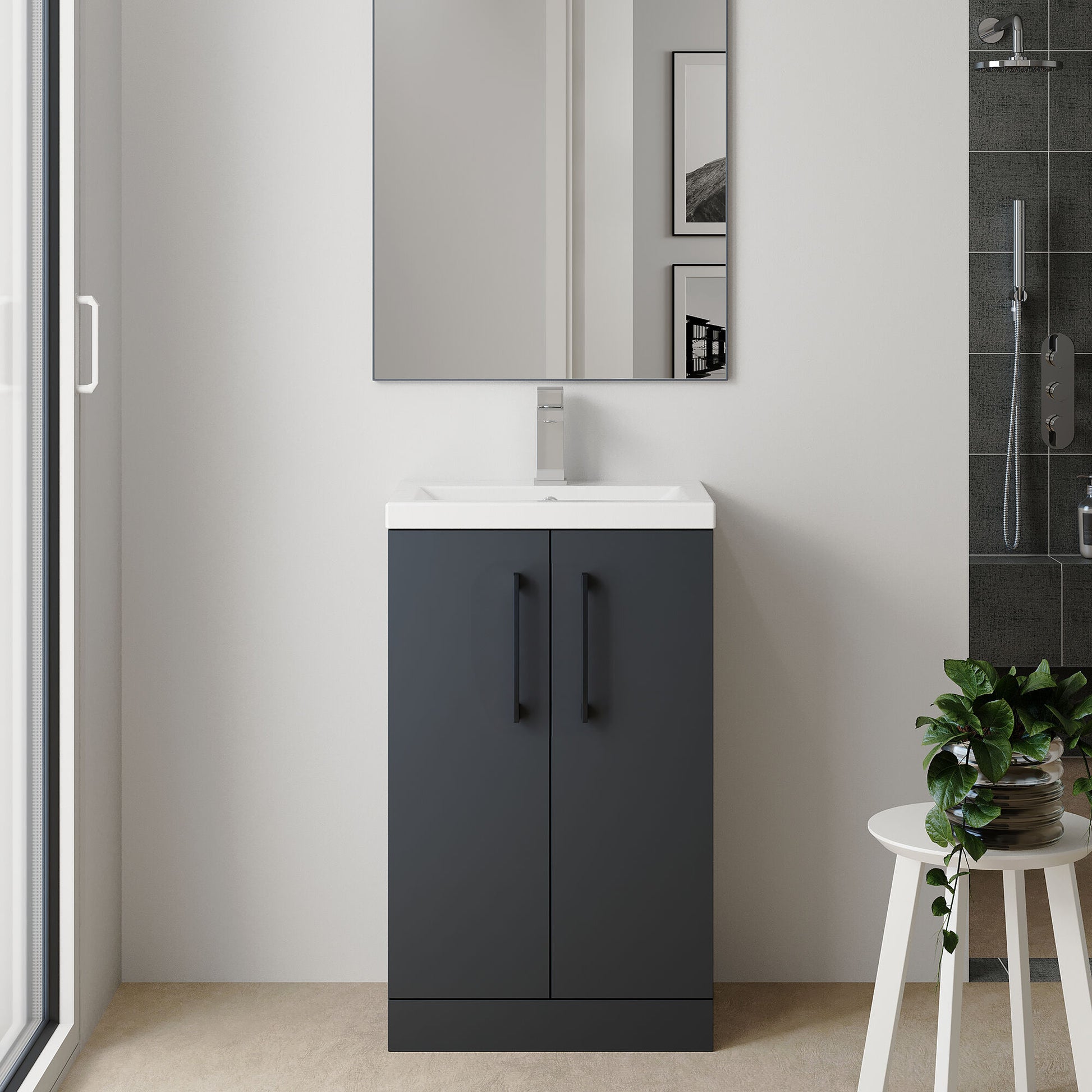 [BFLE029H018] Bramshall Contemporary Compact Floor Standing Vanity Basin Unit with Polymarble Basin, 600mm, Choice of Colour and Handle Finish - Lifestyle 1