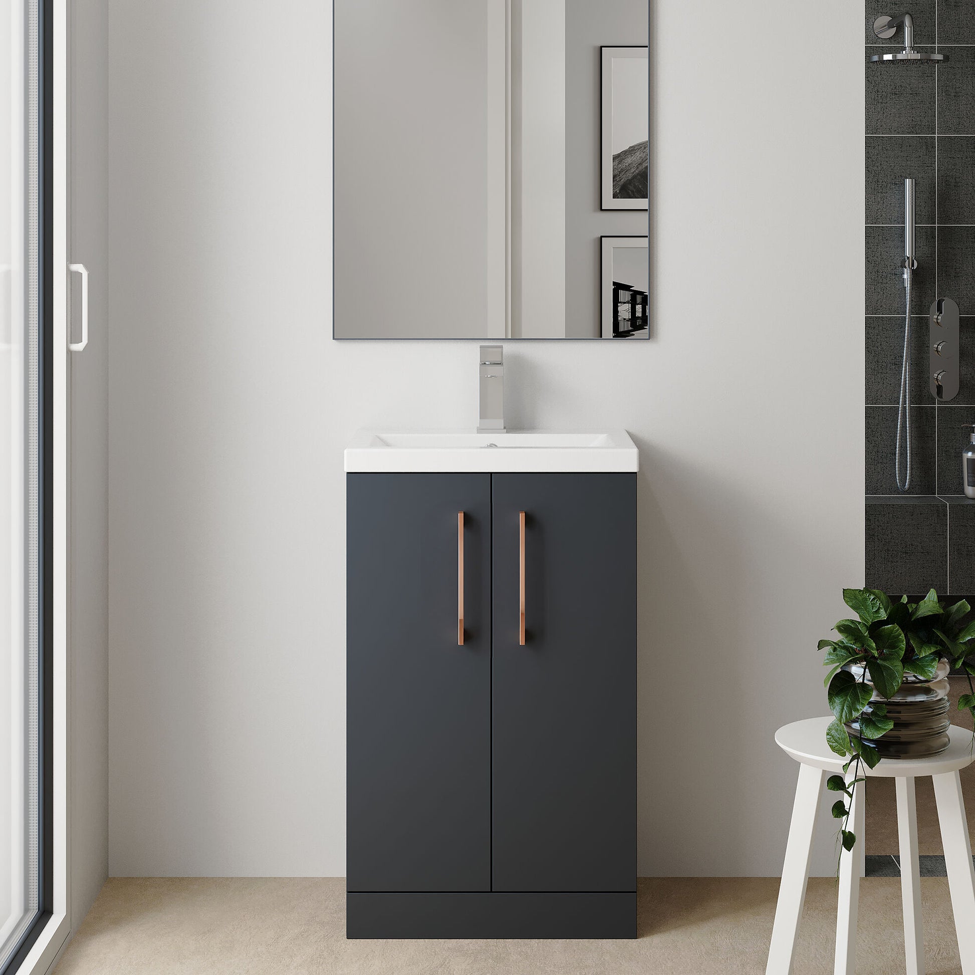 [BFLE029H019] Bramshall Contemporary Compact Floor Standing Vanity Basin Unit with Polymarble Basin, 600mm, Choice of Colour and Handle Finish - Lifestyle 1