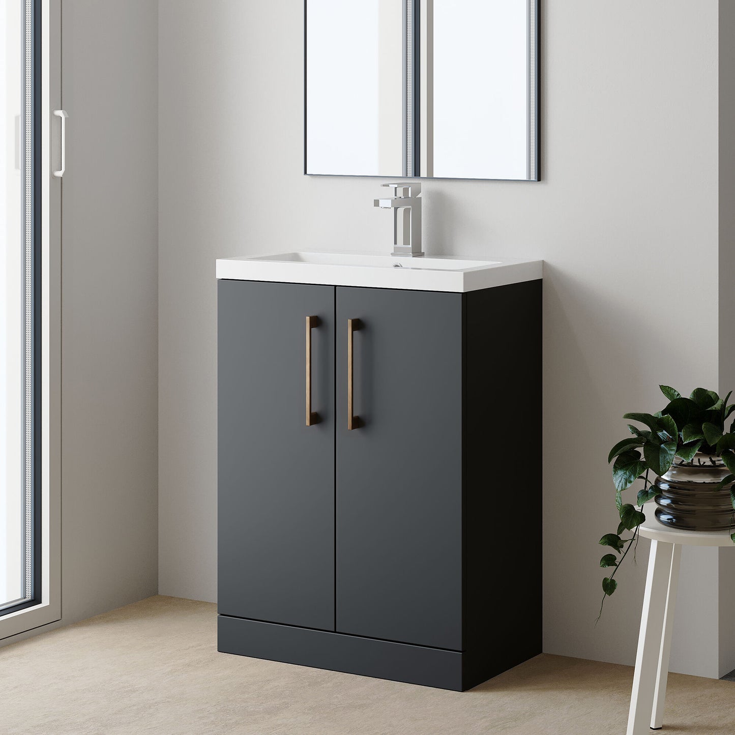 [BFLE029H1516] Bramshall Contemporary Compact Floor Standing Vanity Basin Unit with Polymarble Basin, 600mm, Choice of Colour and Handle Finish - Lifestyle 3