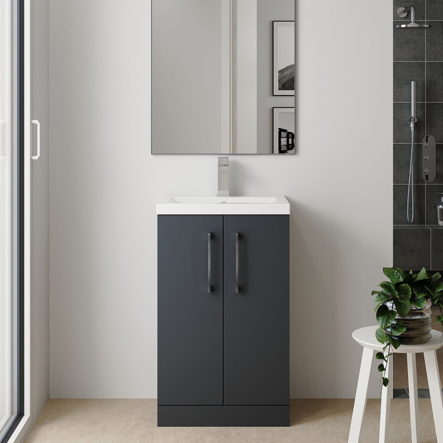 [BFLE029H716] Bramshall Contemporary Compact Floor Standing Vanity Basin Unit with Polymarble Basin, 600mm, Choice of Colour and Handle Finish - Lifestyle 1