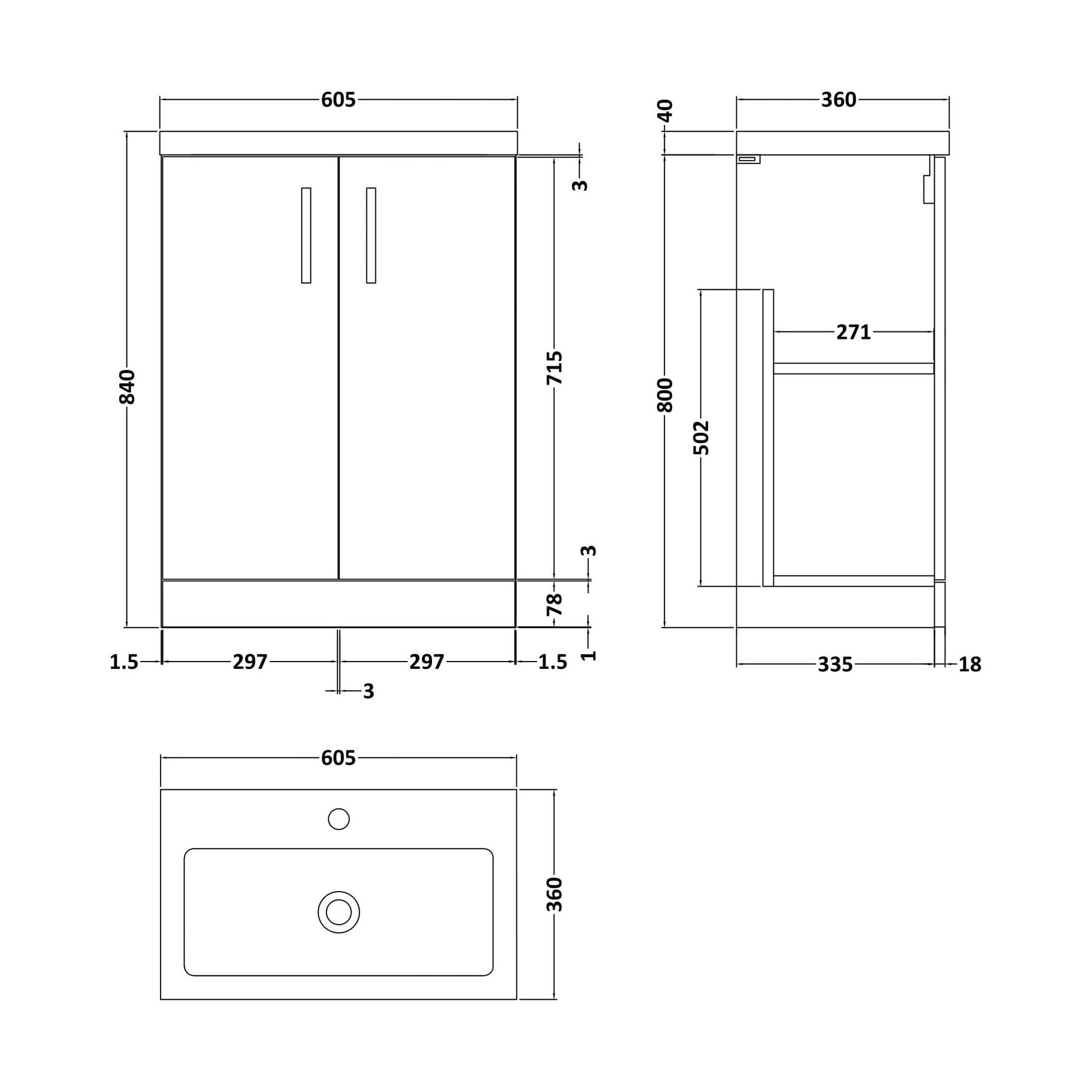 [BFLE029] Balterley Level Compact Bathroom Cloakroom Vanity Basin Unit with Polymarble Basin, Chrome Handles, 600mm, Satin Dark Grey - Technical Drawing