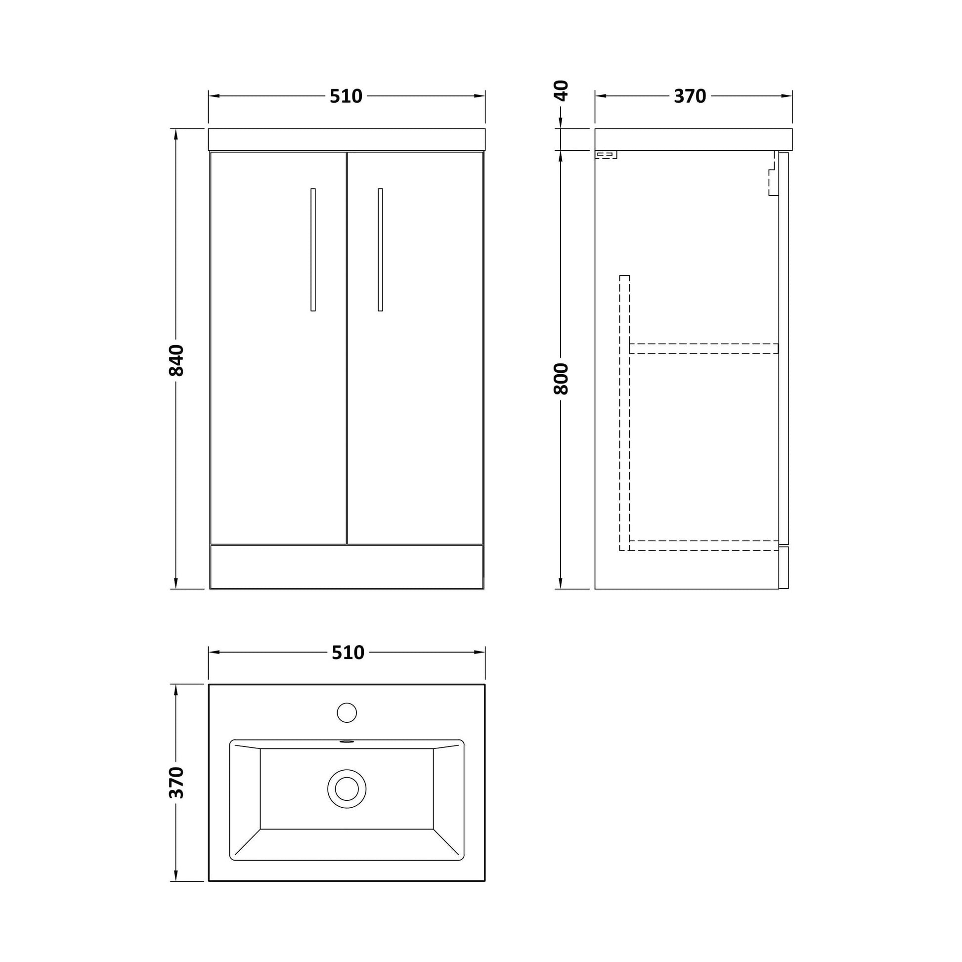 [BFLE030E] Balterley Level Compact Bathroom Cloakroom Vanity Basin Unit with Ceramic Basin, Chrome Handles, 500mm, Satin Grey - Technical Drawing