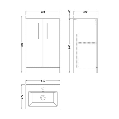 [BFLE030E] Balterley Level Compact Bathroom Cloakroom Vanity Basin Unit with Ceramic Basin, Chrome Handles, 500mm, Satin Grey - Technical Drawing