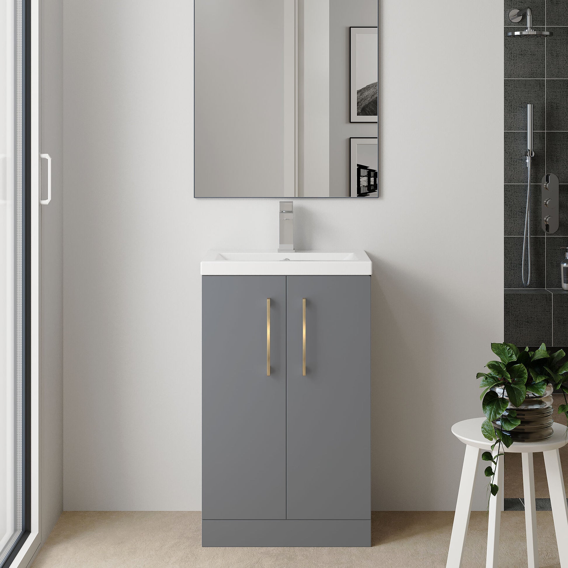 [BFLE030H017] Bramshall Contemporary Compact Floor Standing Vanity Basin Unit with Polymarble Basin, 500mm, Choice of Colour and Handle Finish - Lifestyle 1