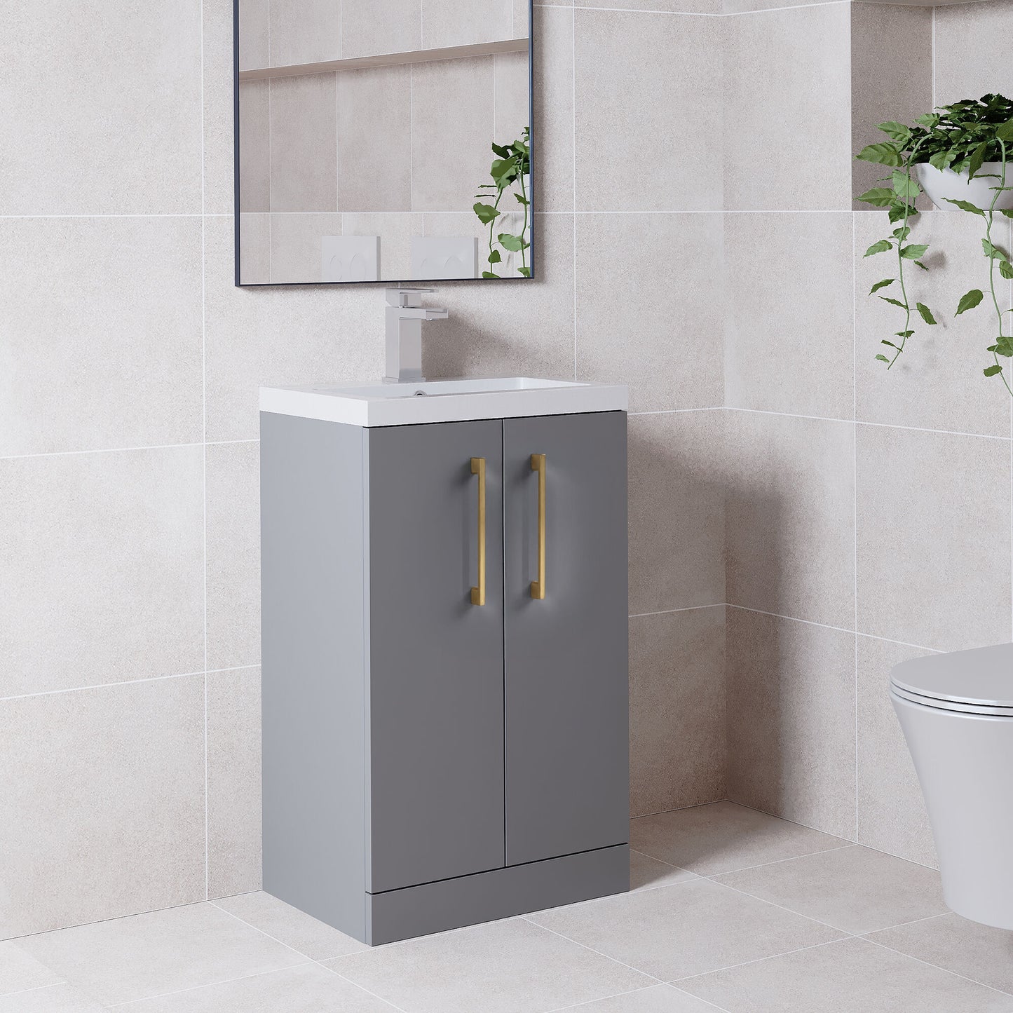 [BFLE030H017] Bramshall Contemporary Compact Floor Standing Vanity Basin Unit with Polymarble Basin, 500mm, Choice of Colour and Handle Finish - Lifestyle 3