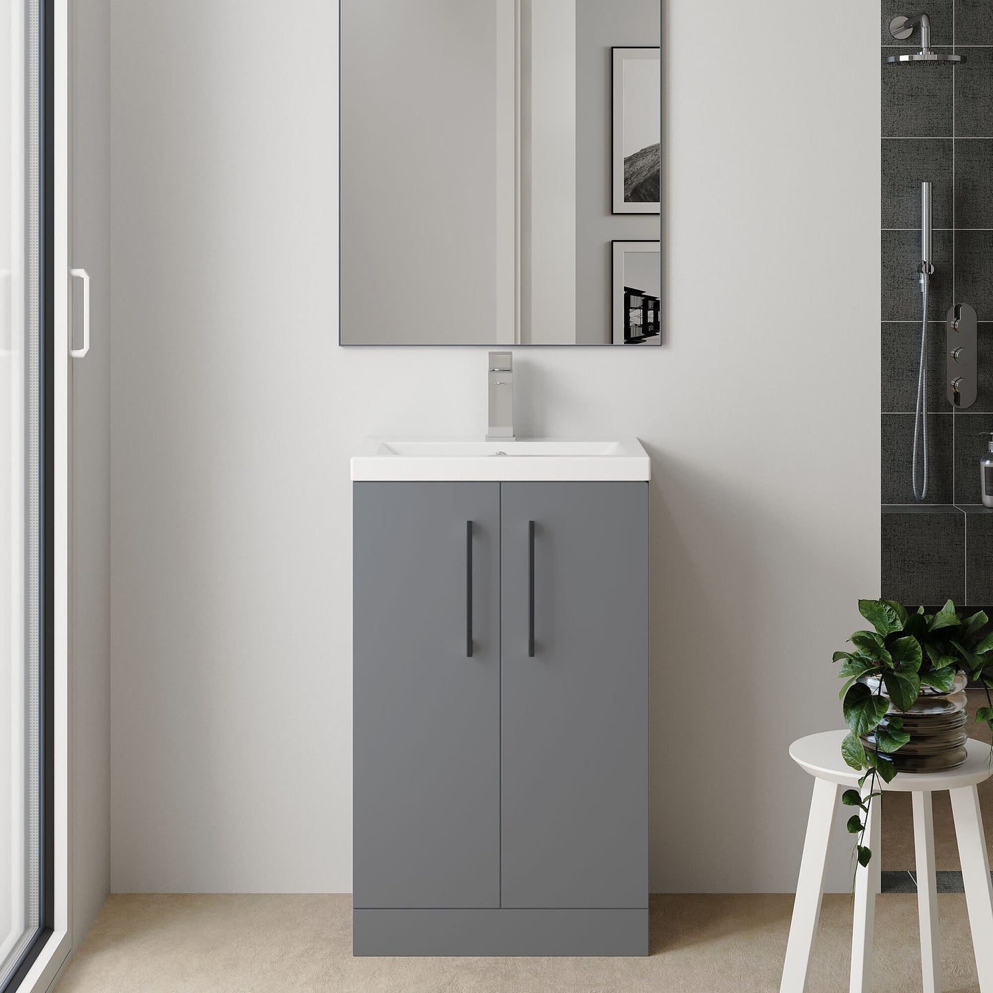 [BFLE030H018] Bramshall Contemporary Compact Floor Standing Vanity Basin Unit with Polymarble Basin, 500mm, Choice of Colour and Handle Finish - Lifestyle 1