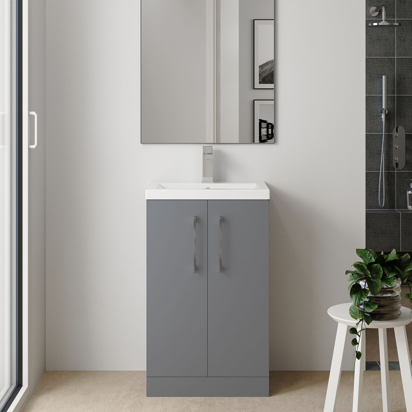 [BFLE030H716] Bramshall Contemporary Compact Floor Standing Vanity Basin Unit with Polymarble Basin, 500mm, Choice of Colour and Handle Finish - Lifestyle 1