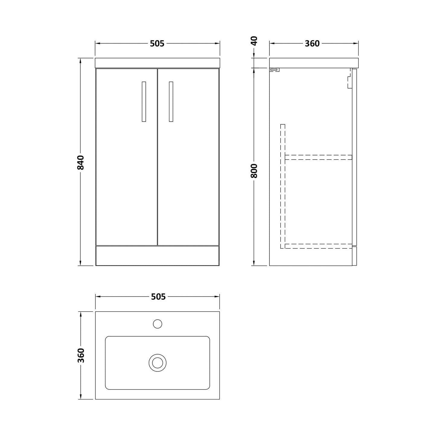 [BFLE030] Balterley Level Compact Bathroom Cloakroom Vanity Basin Unit with Polymarble Basin, Chrome Handles, 500mm, Satin Grey - Technical Drawing