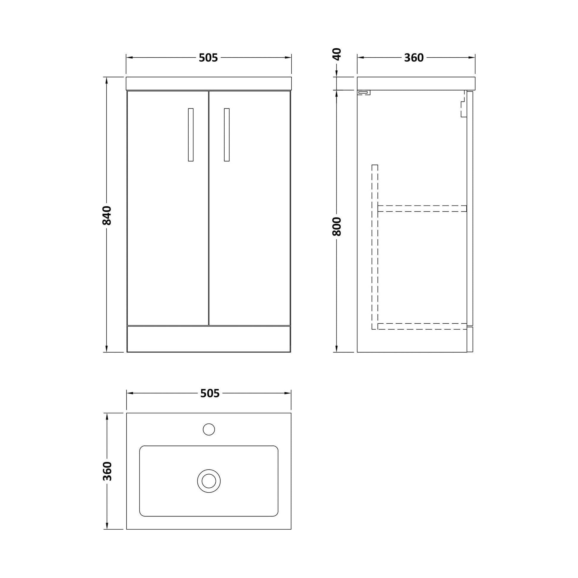 [BFLE030] Balterley Level Compact Bathroom Cloakroom Vanity Basin Unit with Polymarble Basin, Chrome Handles, 500mm, Satin Grey - Technical Drawing
