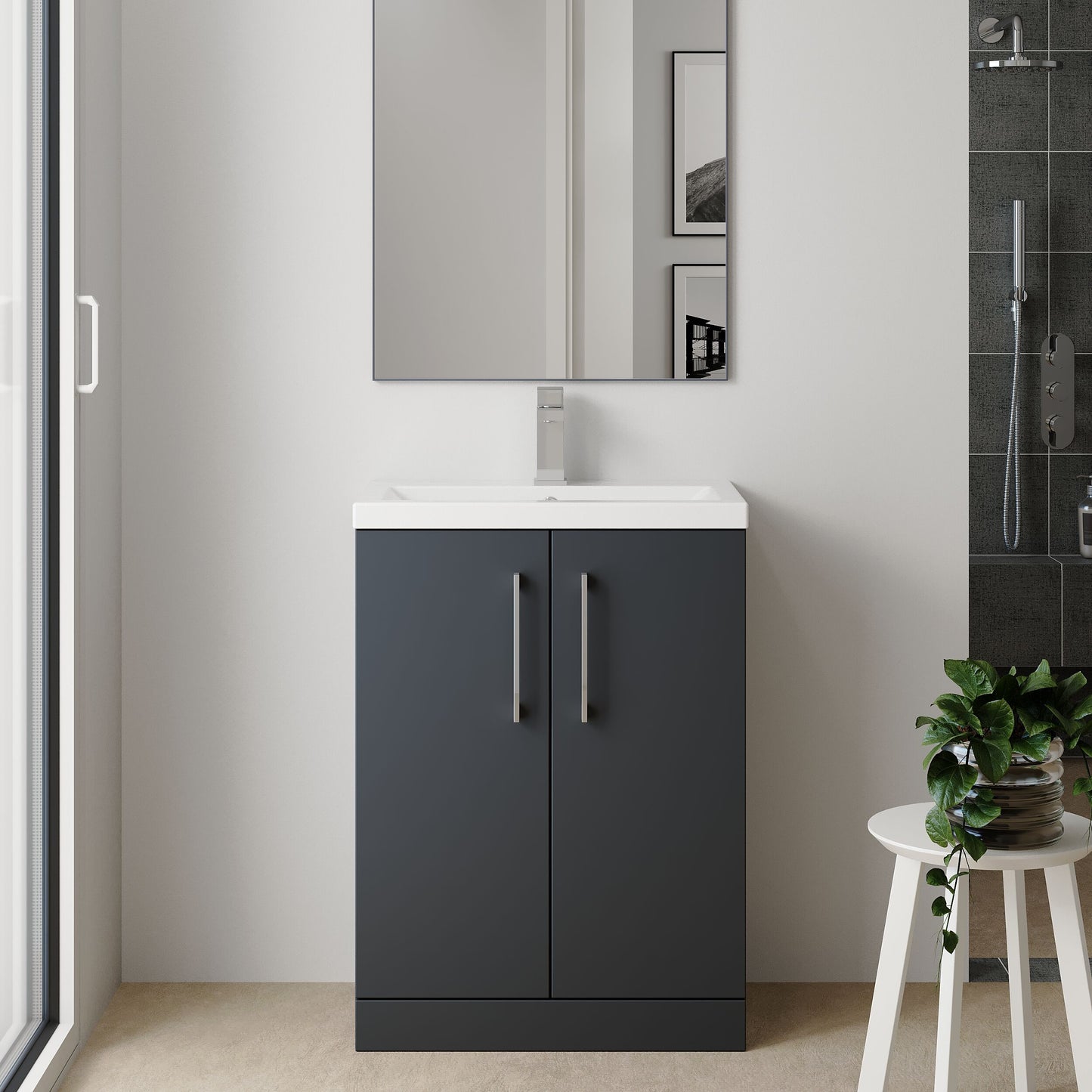 [BFLE030] Balterley Level Compact Bathroom Cloakroom Vanity Basin Unit with Polymarble Basin, Chrome Handles, 500mm, Satin Grey - Lifestyle 1
