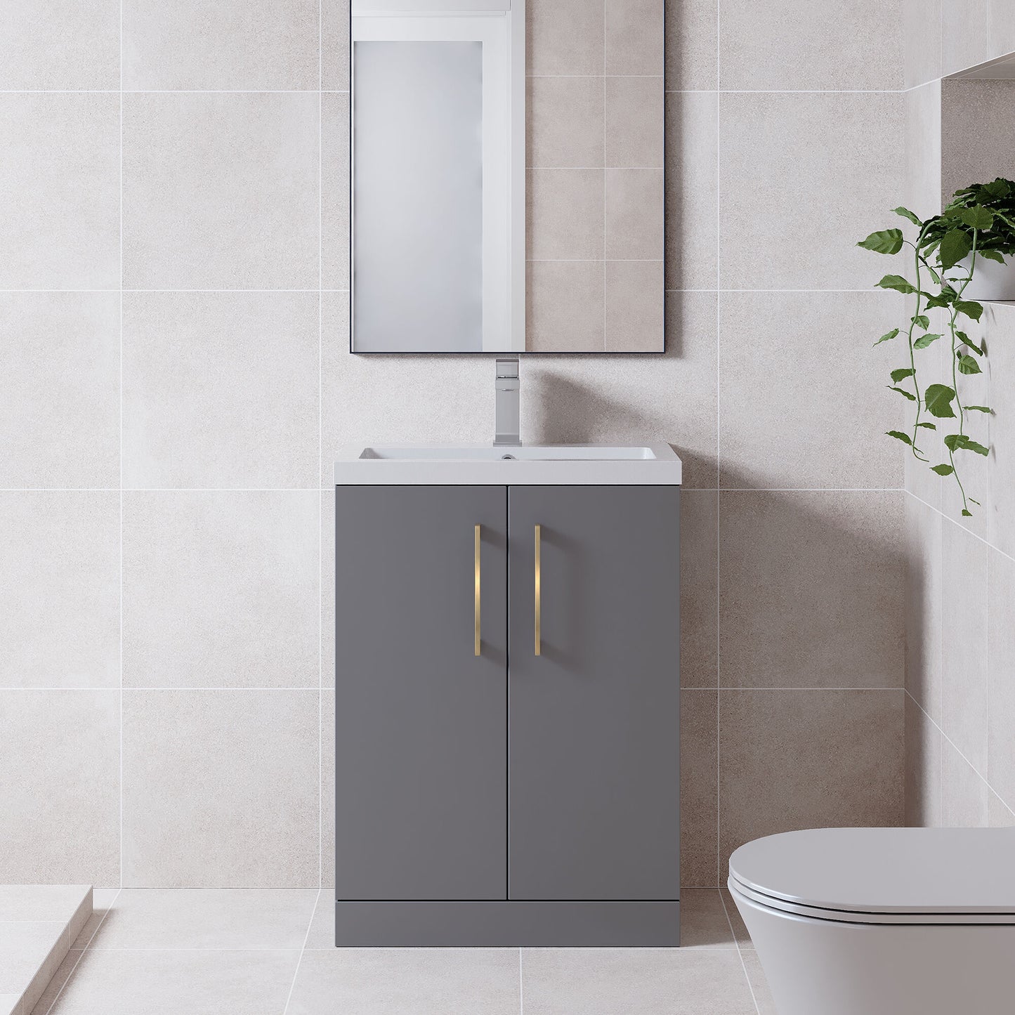 [BFLE031EH017] Bramshall Contemporary Compact Floor Standing Vanity Basin Unit with Ceramic Basin, 600mm, Choice of Colour and Handle Finish - Lifestyle 1
