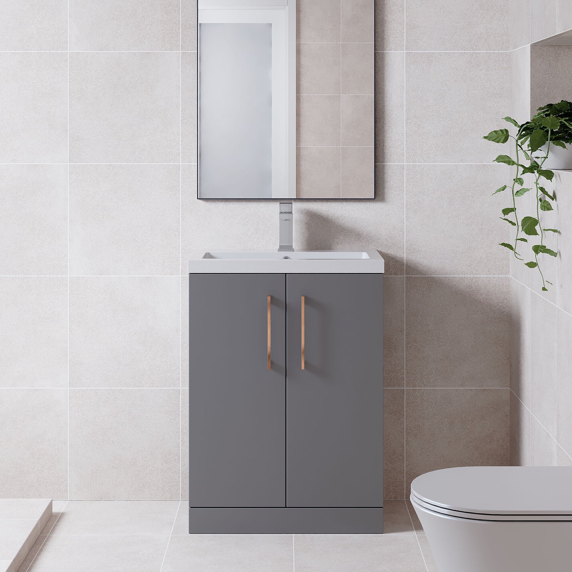 [BFLE031EH019] Bramshall Contemporary Compact Floor Standing Vanity Basin Unit with Ceramic Basin, 600mm, Choice of Colour and Handle Finish - Lifestyle 1