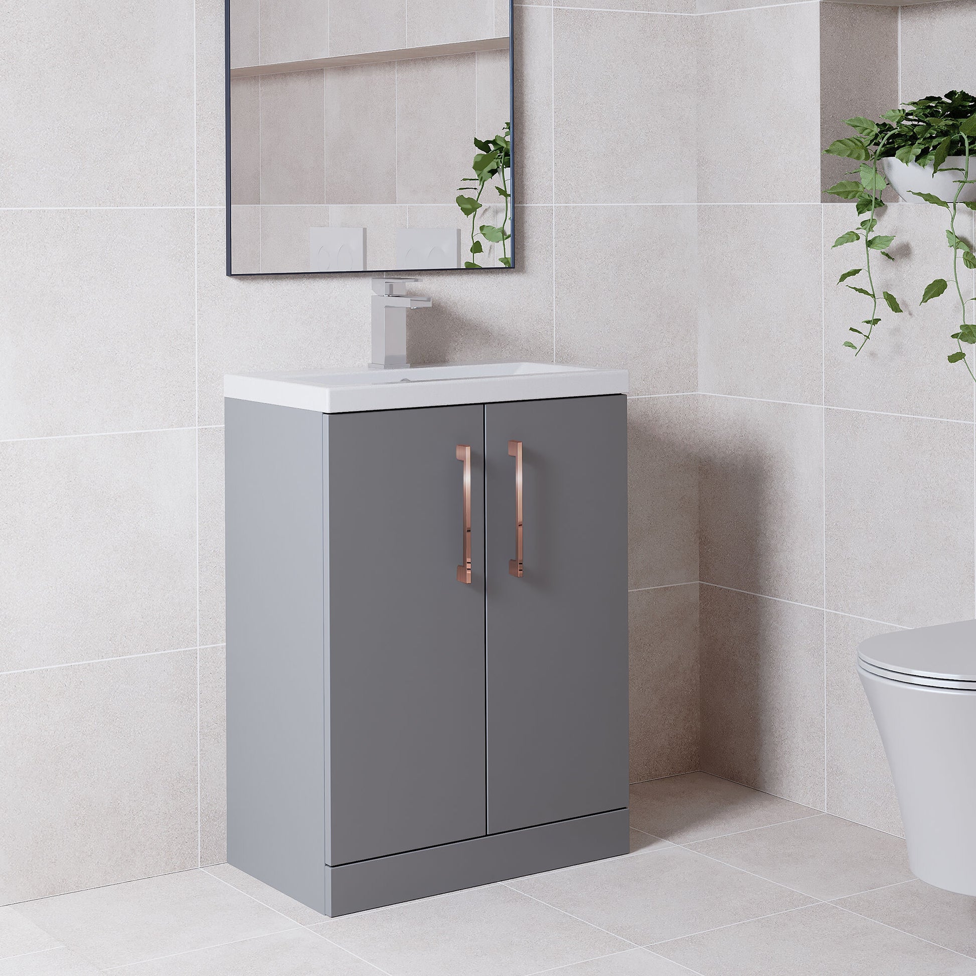 [BFLE031EH019] Bramshall Contemporary Compact Floor Standing Vanity Basin Unit with Ceramic Basin, 600mm, Choice of Colour and Handle Finish - Lifestyle 3