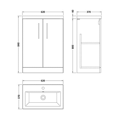 [BFLE031E] Balterley Level Compact Bathroom Cloakroom Vanity Basin Unit with Ceramic Basin, Chrome Handles, 600mm, Satin Grey - Technical Drawing