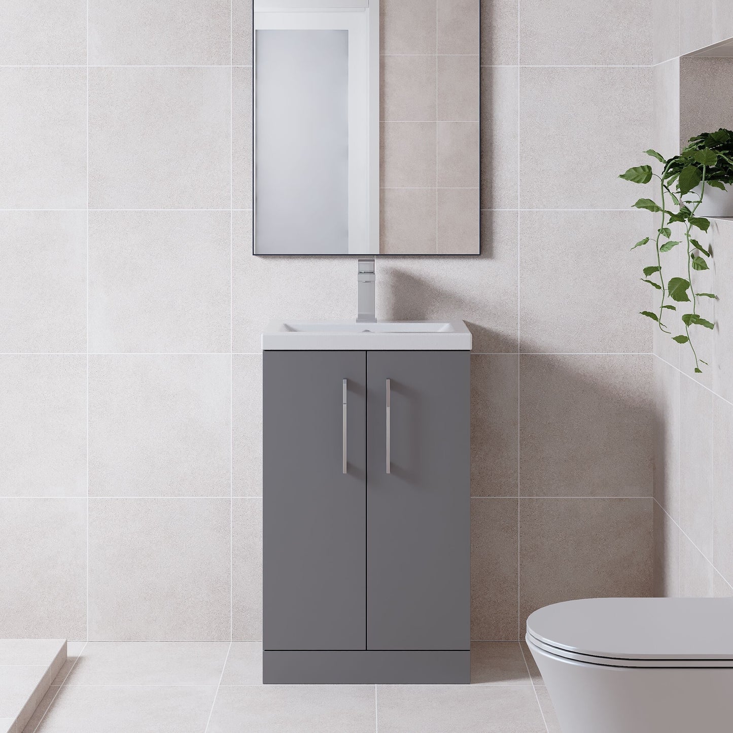 [BFLE031] Balterley Level Compact Bathroom Cloakroom Vanity Basin Unit with Polymarble Basin, Chrome Handles, 600mm, Satin Grey - Lifestyle 1
