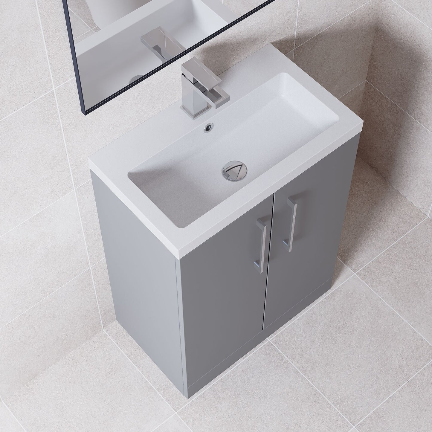 [BFLE031] Balterley Level Compact Bathroom Cloakroom Vanity Basin Unit with Polymarble Basin, Chrome Handles, 600mm, Satin Grey - Lifestyle 2