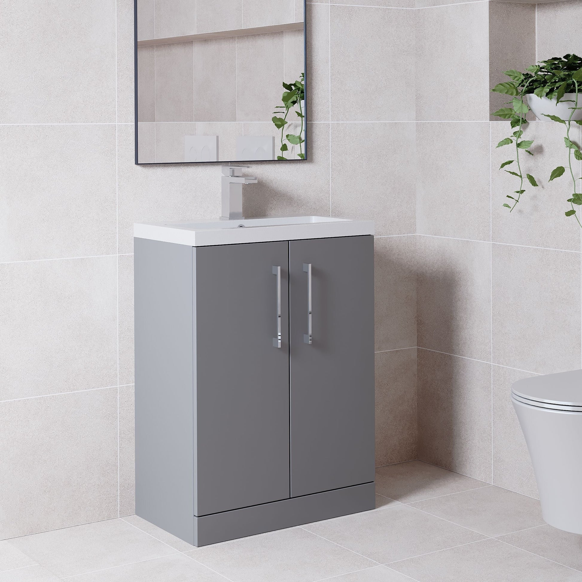 [BFLE031] Balterley Level Compact Bathroom Cloakroom Vanity Basin Unit with Polymarble Basin, Chrome Handles, 600mm, Satin Grey - Lifestyle 3