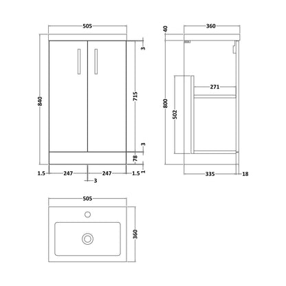[BFLE032] Bramshall Compact 500mm 2 Door Bleached Oak Floor Standing Vanity Unit With Polymarble Basin - Technical Drawing