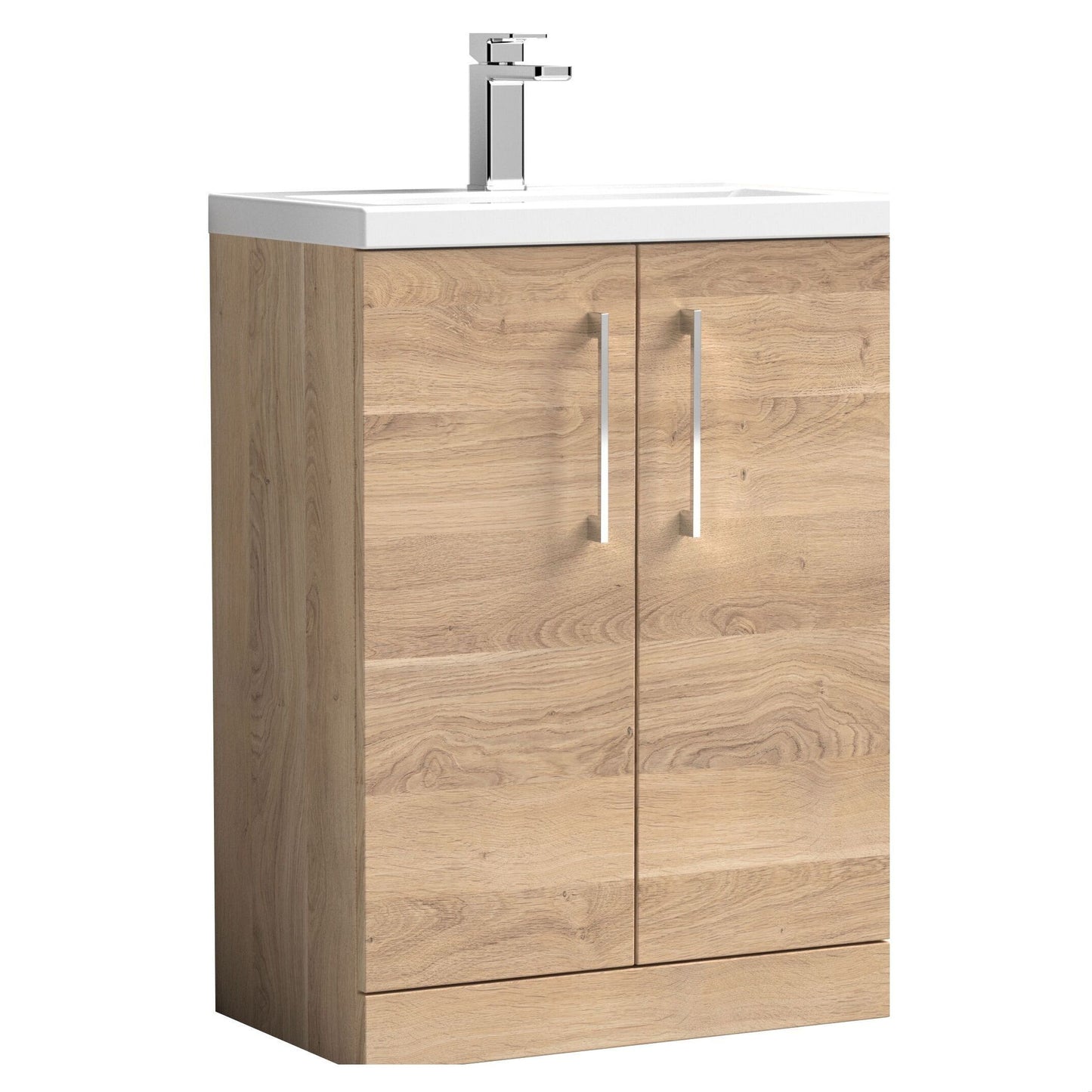 [BFLE033] Bramshall Compact 600mm 2 Door Bleached Oak Floor Standing Vanity Unit With Polymarble Basin - Cutout